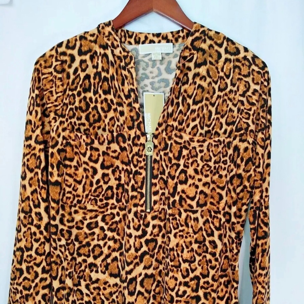 Michael Kors Women Blouse Size M Leopard print Long sleeve MK Logo in Gold tone
